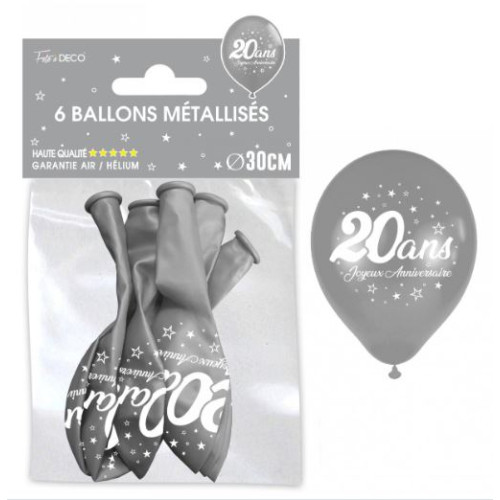 6 BALLONS METAL ARGENT 20 ANS