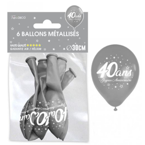 6 BALLONS METAL ARGENT 40 ANS