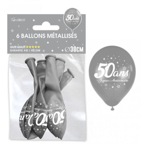 6 BALLONS METAL ARGENT 50 ANS