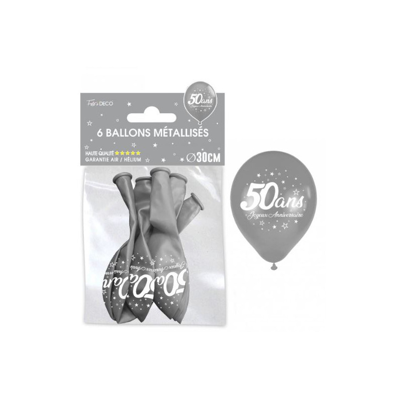 6 BALLONS METAL ARGENT 50 ANS