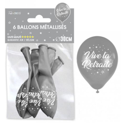 6 BALLONS METAL ARGENT RETRAITE