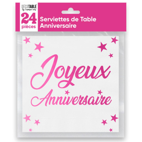 24 SERVIETTES JOYEUX ANNIV FUCHSIA