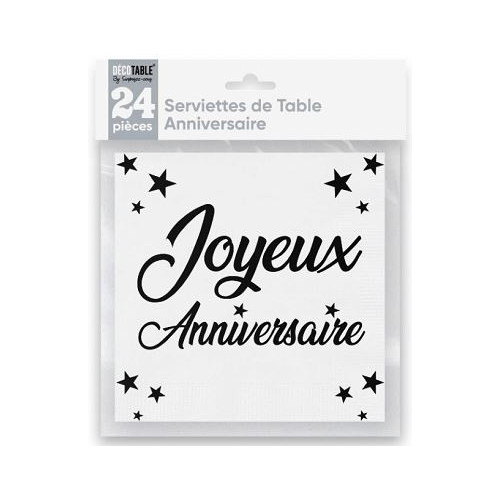 24 SERVIETTES JOYEUX ANNIVERSAIRE BLANC