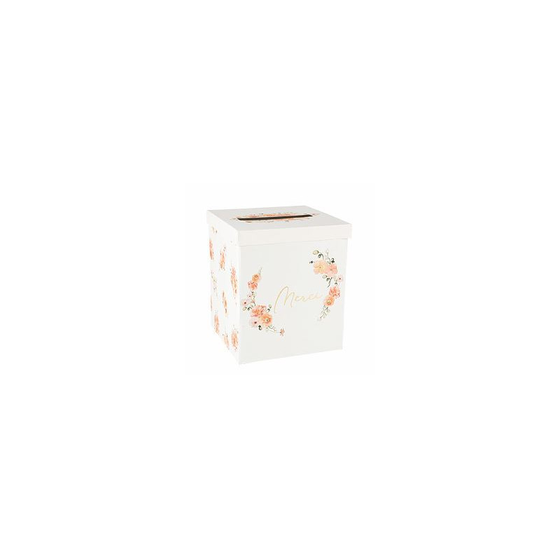 Urne Carton Mariage Merci Temps Amour Floral 21x25cm - Boîte à Dons Bohème Chic Pour Cérémonie