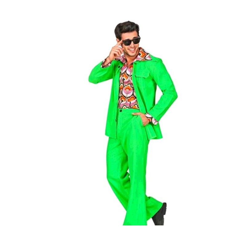 Homme dans un costume disco années 70 perruque et bête Photo Stock