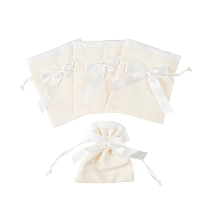 4 POCHONS TISSU GAUFRÉ/NŒUD CREME