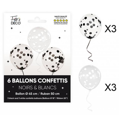 6 BALLONS CONFETTIS NOIR/BLANC
