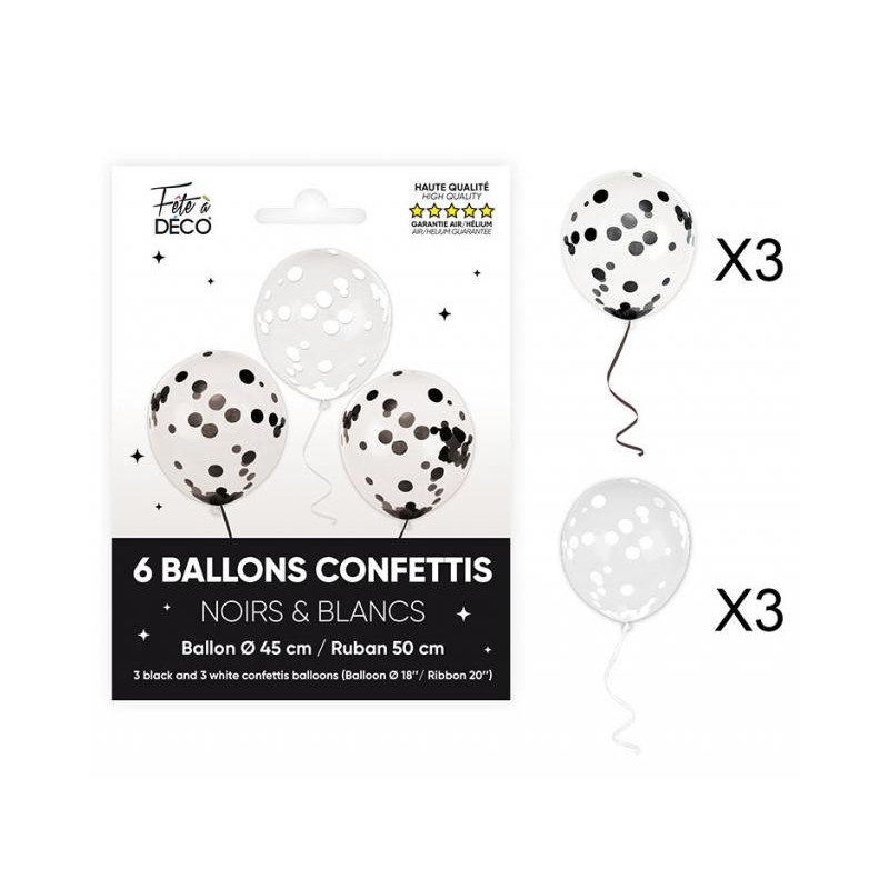 6 BALLONS CONFETTIS NOIR/BLANC