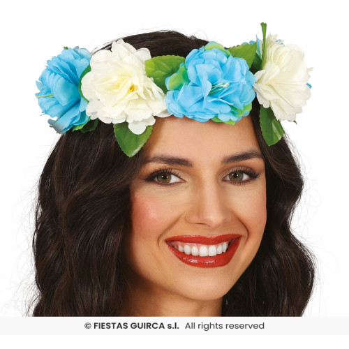 DIADÈME DE FLEURS BLEUES ET BLANC