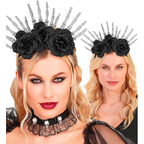 CHAPEAU MAINS SQUELETTE ET ROSES NOIRS