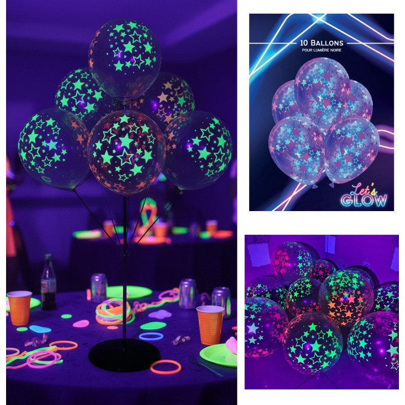 10 BALLONS FLUO NEON UV STARS