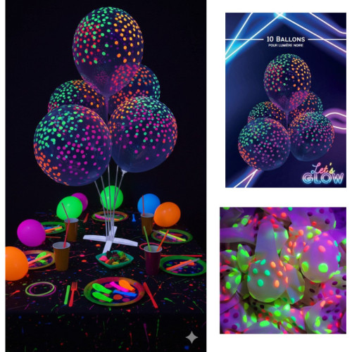 10 BALLONS FLUO NEON UV DOTS