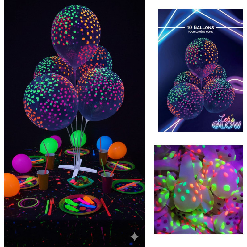 10 BALLONS FLUO NEON UV DOTS