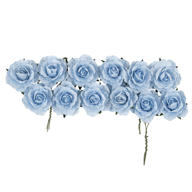 12 ROSES PAPIER BLEU CIEL/TIGE