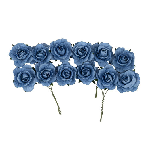 12 ROSES PAPIER BLEU ORAGE/TIGE