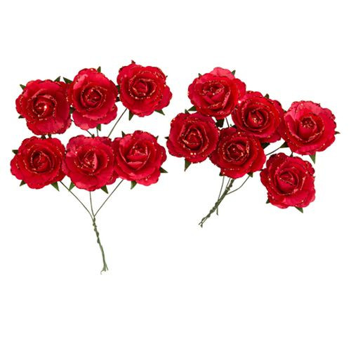 12 ROSES PAPIER ROUGE ET PAILLETTE ROUGE