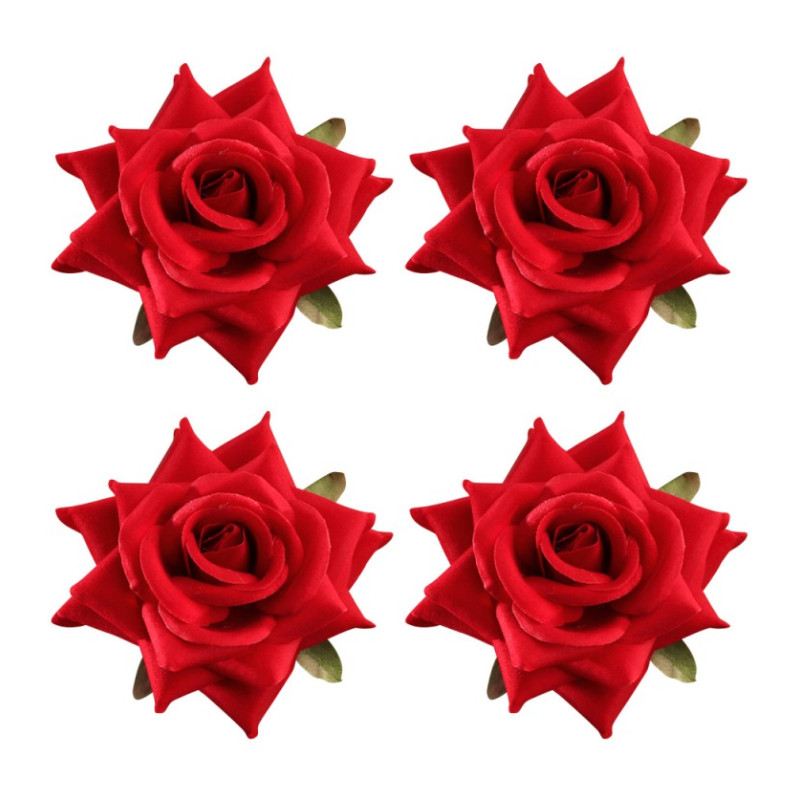 SET 4 ROSES EFFET VELOURS ROUGE