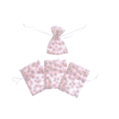 4 POCHONS DAISY VOILE BRODÉ ROSE