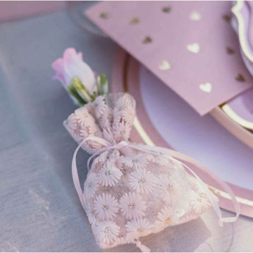 4 POCHONS DAISY VOILE BRODÉ ROSE