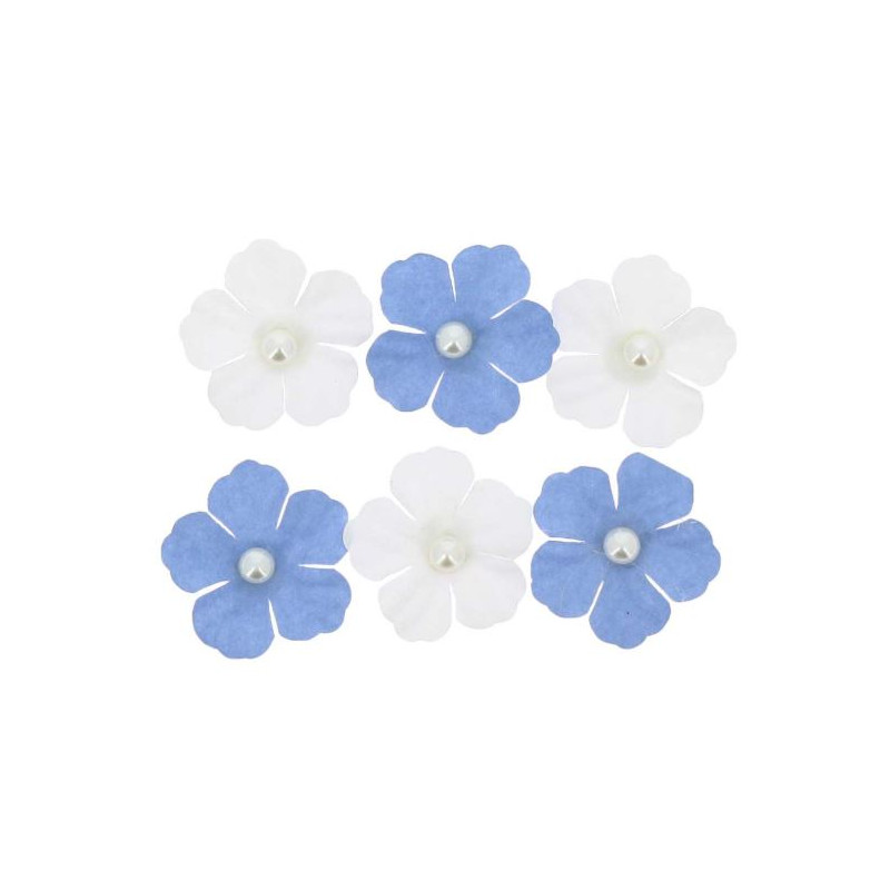 6 FLEURS PAPIER BLEU ET PERLES