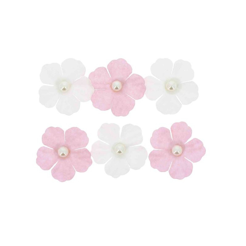 6 FLEURS PAPIER ROSE ET PERLES