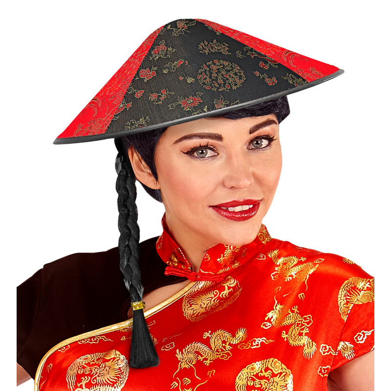 CHAPEAU CHINOIS AVEC NATTE
