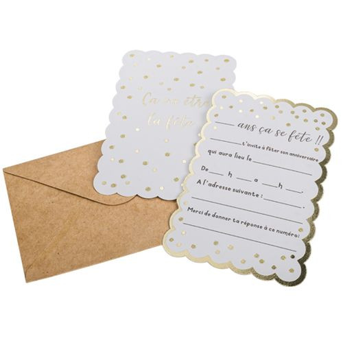 8 INVITATIONS POIS FESTONS BLANC ET OR