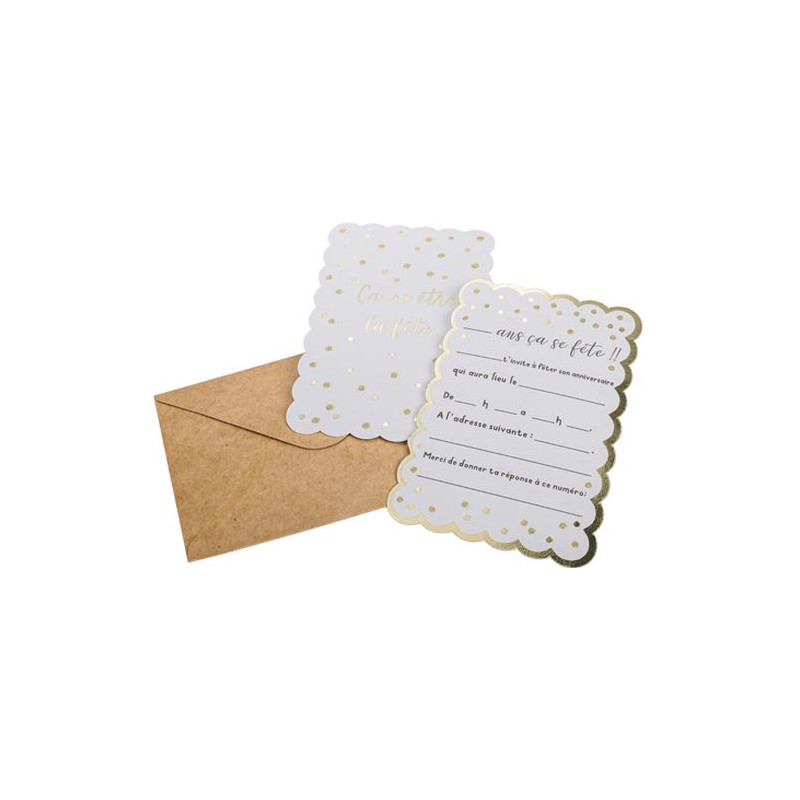 8 INVITATIONS POIS FESTONS BLANC ET OR