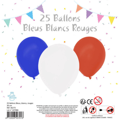 25 BALLONS BLEU BLANC ROUGE 30CM