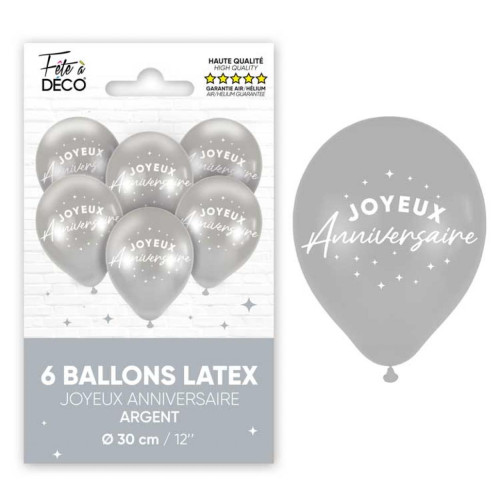 6 BALLONS METAL ARGENT ANNIVERSAIRE