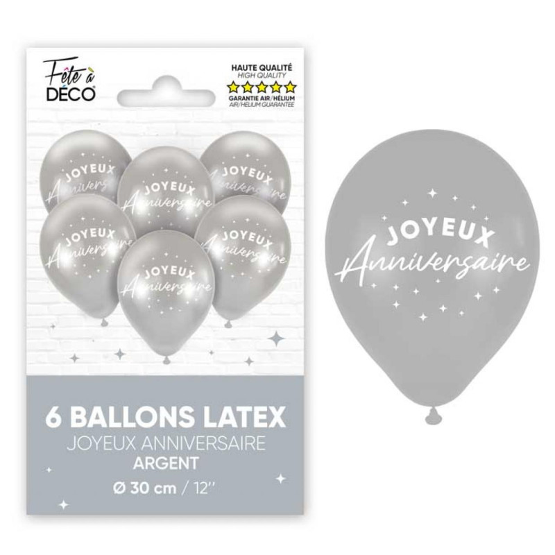 6 BALLONS METAL ARGENT ANNIVERSAIRE