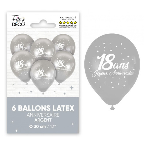 6 BALLONS METAL ARGENT 18 ANS