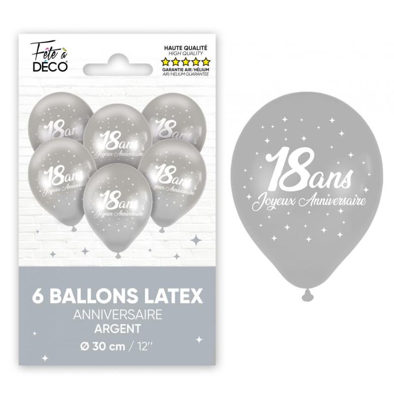 6 BALLONS METAL ARGENT 18 ANS