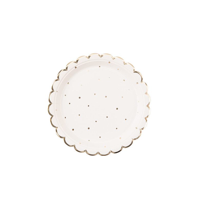 8 ASSIETTES JOLIS POIS BLANC/OR