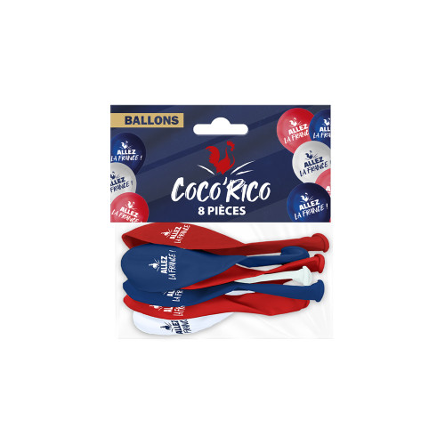 SACHET 8 BALLONS COCORICO ALLEZ LA FRANCE