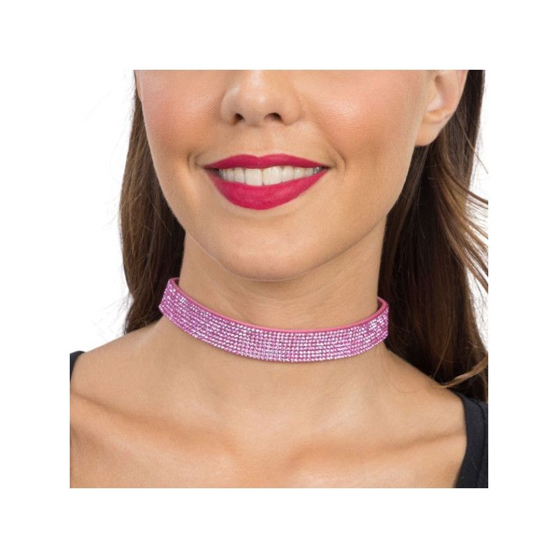 COLLIER RAS DE COU STRASS ROSE