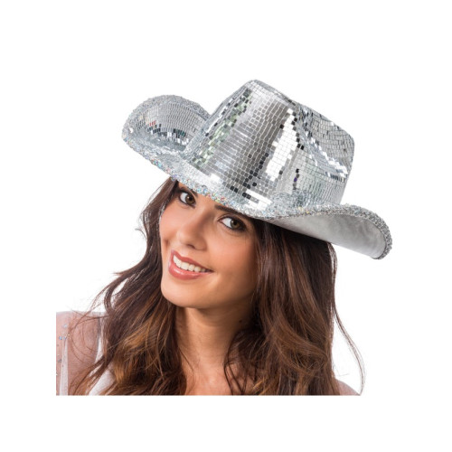 CHAPEAU DE COWBOY ARGENTE BOULE A FACETTE