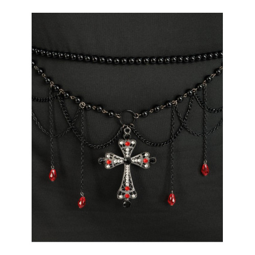 CEINTURE PERLES NOIRES ET CROIX ROUGE