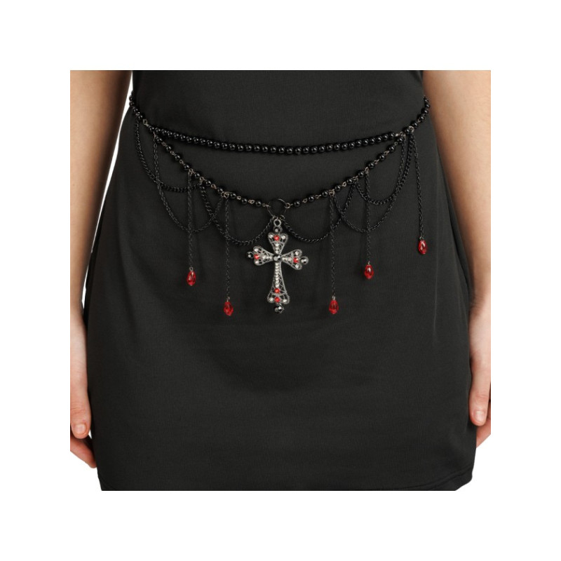 CEINTURE PERLES NOIRES ET CROIX ROUGE