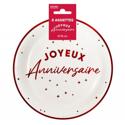 ASSIETTES X 8 ROUGE ANNIVERSAIRE