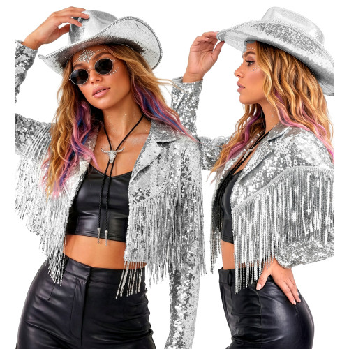 VESTE PAILLETTES FRANGES ARGENT XL