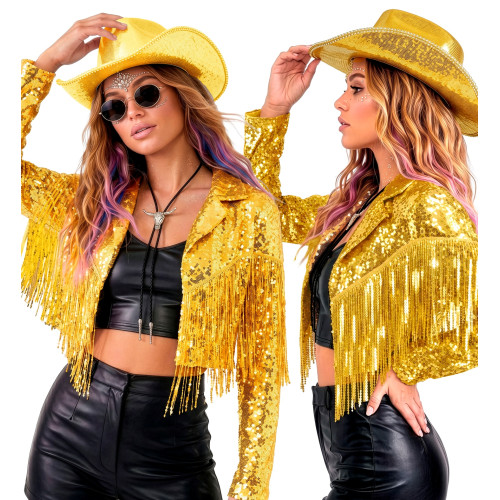 VESTE PAILLETTES FRANGES OR XL