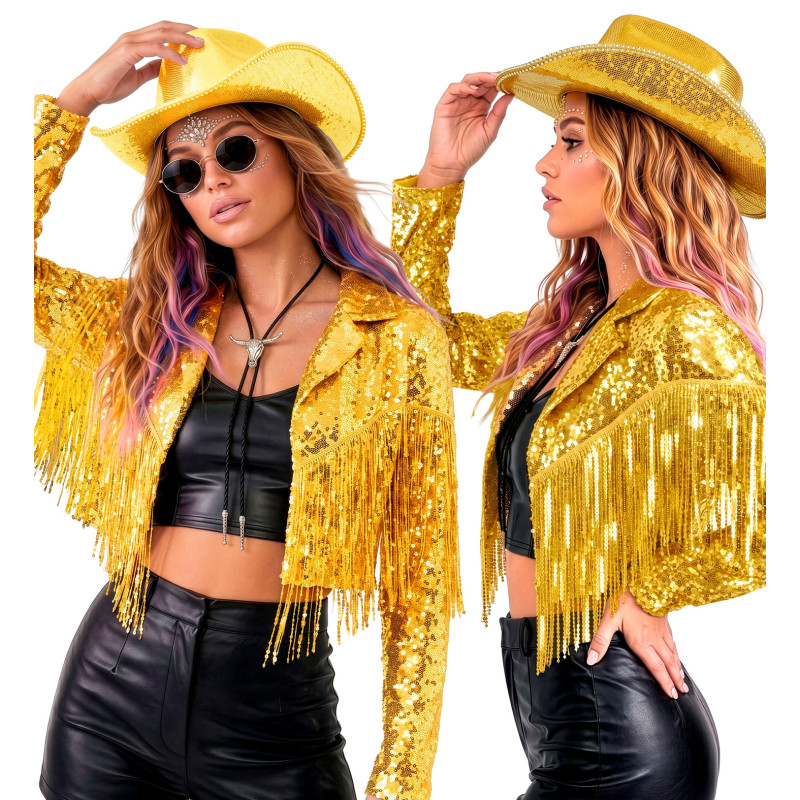 VESTE PAILLETTES FRANGES OR XL
