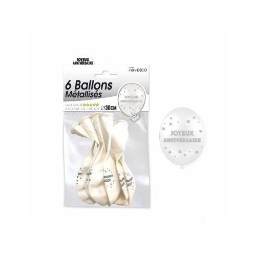 SACHET 6 BALLONS METAL BLANC JOYEUX ANNIVERSAIRE