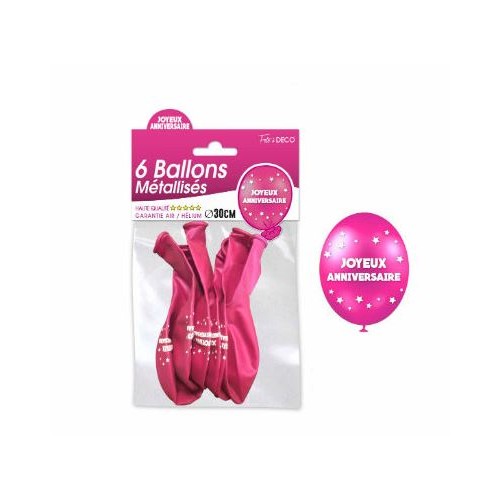 SACHET 6 BALLONS METAL FUCHSIA JOYEUX ANNIVERSAIRE