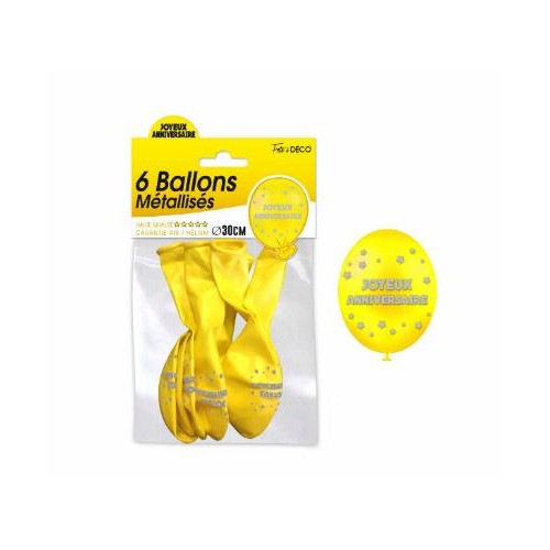 SACHET 6 BALLONS METAL JAUNE JOYEUX ANNIVERSAIRE