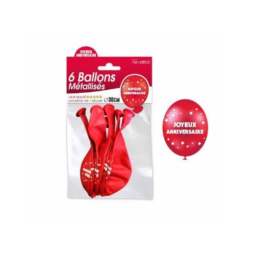 SACHET 6 BALLONS METAL ROUGE JOYEUX ANNIVERSAIRE