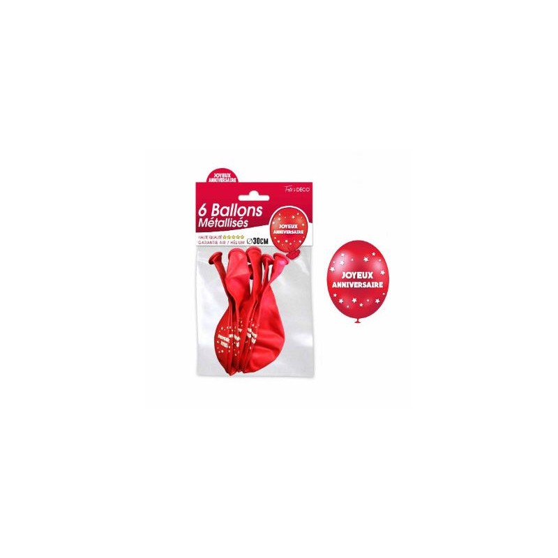 SACHET 6 BALLONS METAL ROUGE JOYEUX ANNIVERSAIRE