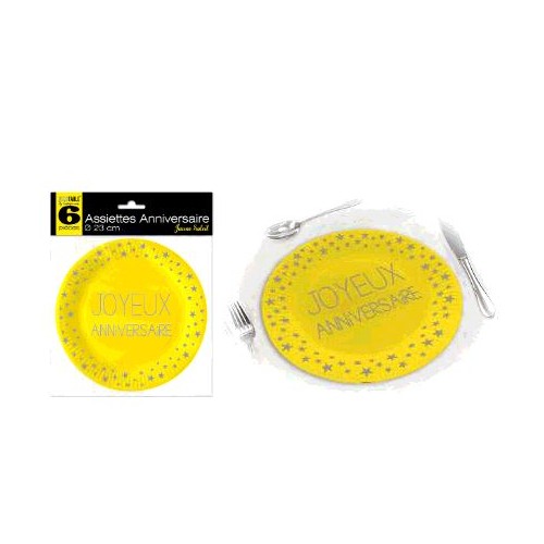 ASSIETTES X 6 JAUNE SOLEIL ANNIVERSAIRE 23CM