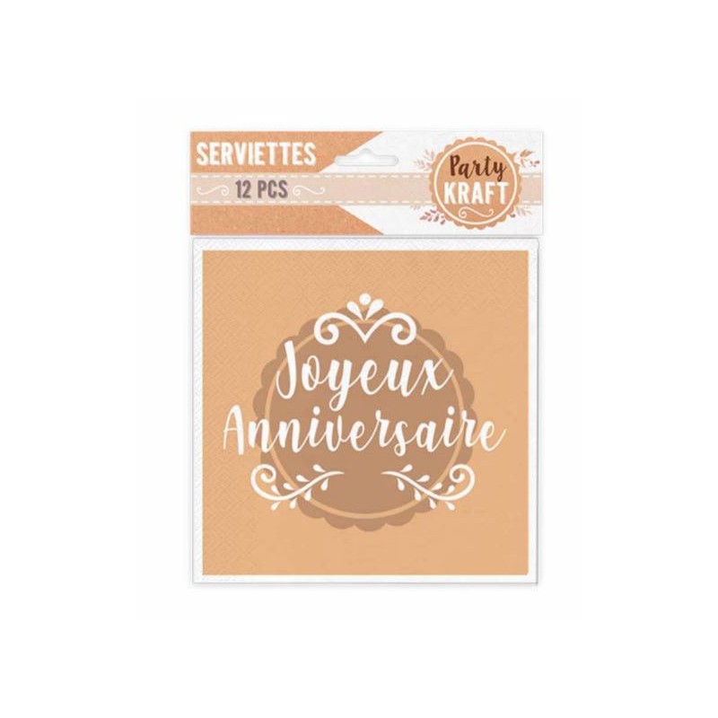 12 SERVIETTES ANNIVERSAIRE KRAFT